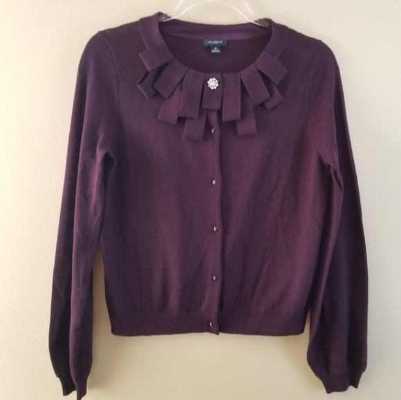 Ann Taylor Eggplant Wool Cardigan, Medium - Picture 2 of 8